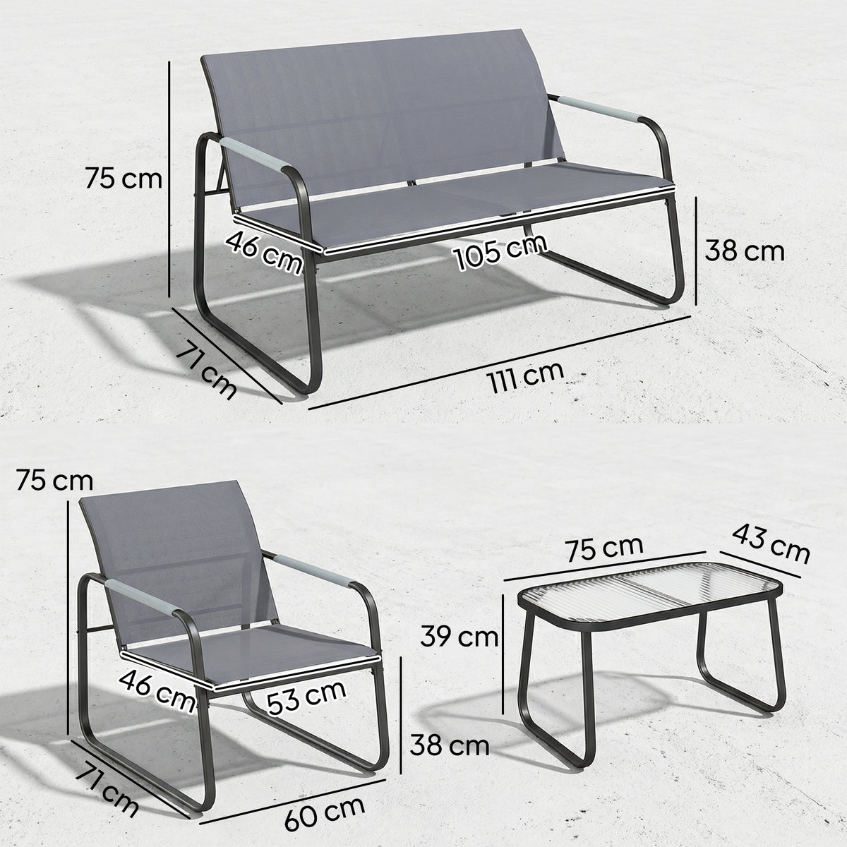 Salon de Jardin Ensemble de Terrasse en Acier et Textilène 4 Pièces avec Accoudoirs Corde Tressée Gris-2
