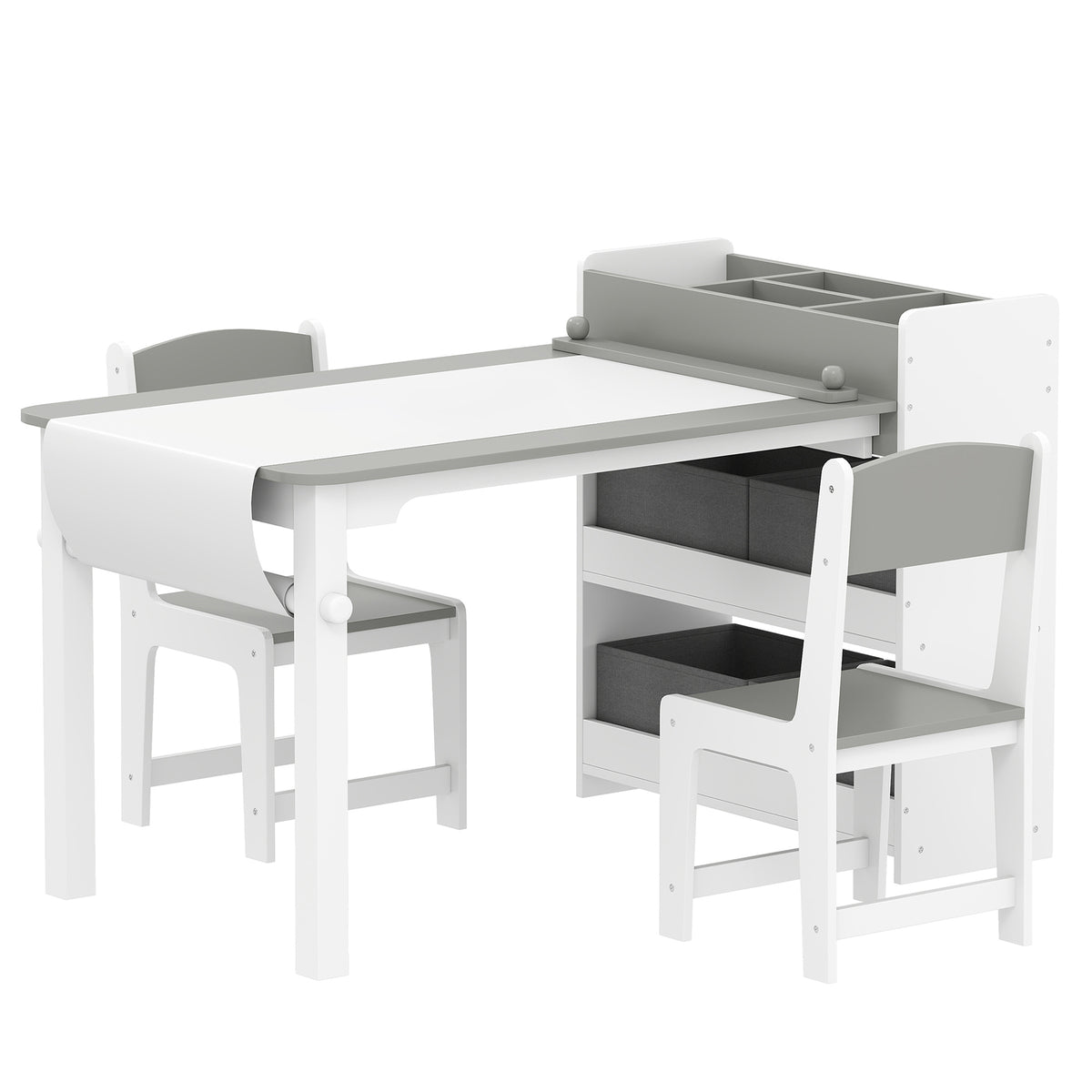 Ensemble table et 2 chaises enfant en bois avec rouleau de papier, étagères et tiroirs, pour fille garçon 3-8 ans, gris-0