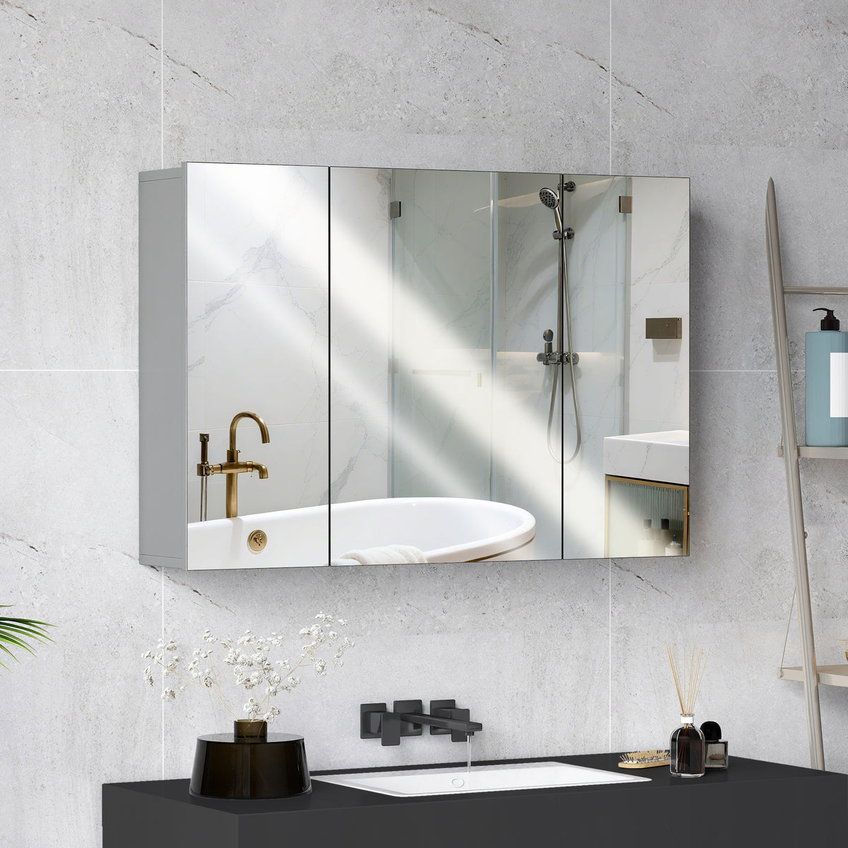 Armoire murale de salle de bain avec 3 portes miroir et étagères réglables en MDF Gris dim. 90L x 15l x 60H cm-1