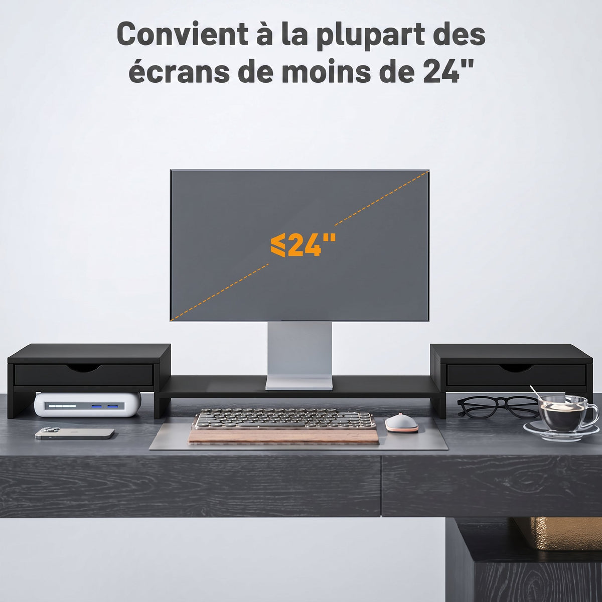 Rehausseur Écran PC Bureau, Support d'Écran d'Ordinateur de 60-116 cm avec 2 Tiroirs, Longueur et Angle Réglables Noir-6