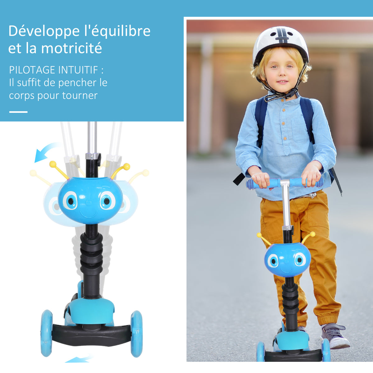 3 en 1 Trottinette pour Enfants Trottinette 3 Roues évolutive Hauteur Guidon réglable charge max. 50 Kg Canne télescopique Selle Dossier Amovible Bleu-3