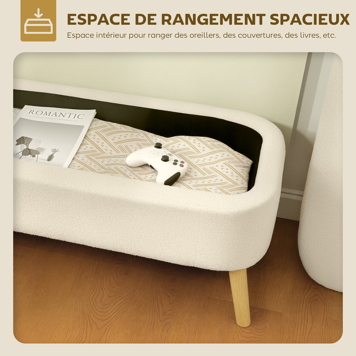 Banc de rangement, bout de lit avec couvercle, pieds en bois, capacité 65 L, jusqu'à 220 kg, 120x42x45cm, beige-3