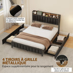 Cadre de lit 140 x 190 cm avec sommier à lattes en métal, lit double rembourré avec 4 tiroirs et étagère, noir-5