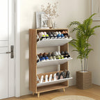 Meuble à chaussures 3 abattants avec étagère réglable, 72L x 24P x 119H cm, naturel et blanc-1