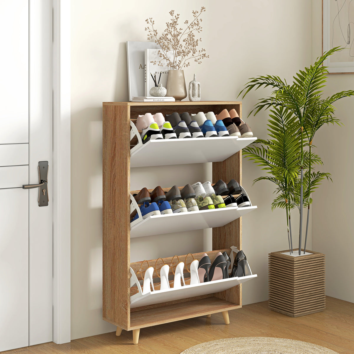 Meuble à chaussures 3 abattants avec étagère réglable, 72L x 24P x 119H cm, naturel et blanc-1