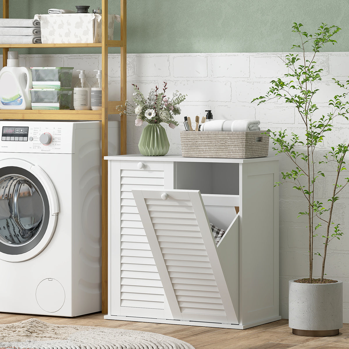 Meuble salle de bain avec panier à linge armoire salle de bain en bois portes persiennes 2 paniers 70 x 38 x 73 cm blanc-8