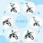 Tricycle 6 en 1 pour enfants, auvent, ceinture de sécurité 5 points, rangement, repose-pieds, frein, 1-5 ans, vert-3