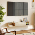 Meuble TV suspendu, meuble télé pour téléviseur jusqu'à 50 pouces, tiroir rabattable 2 étagères 120x24x16cm bois naturel-8