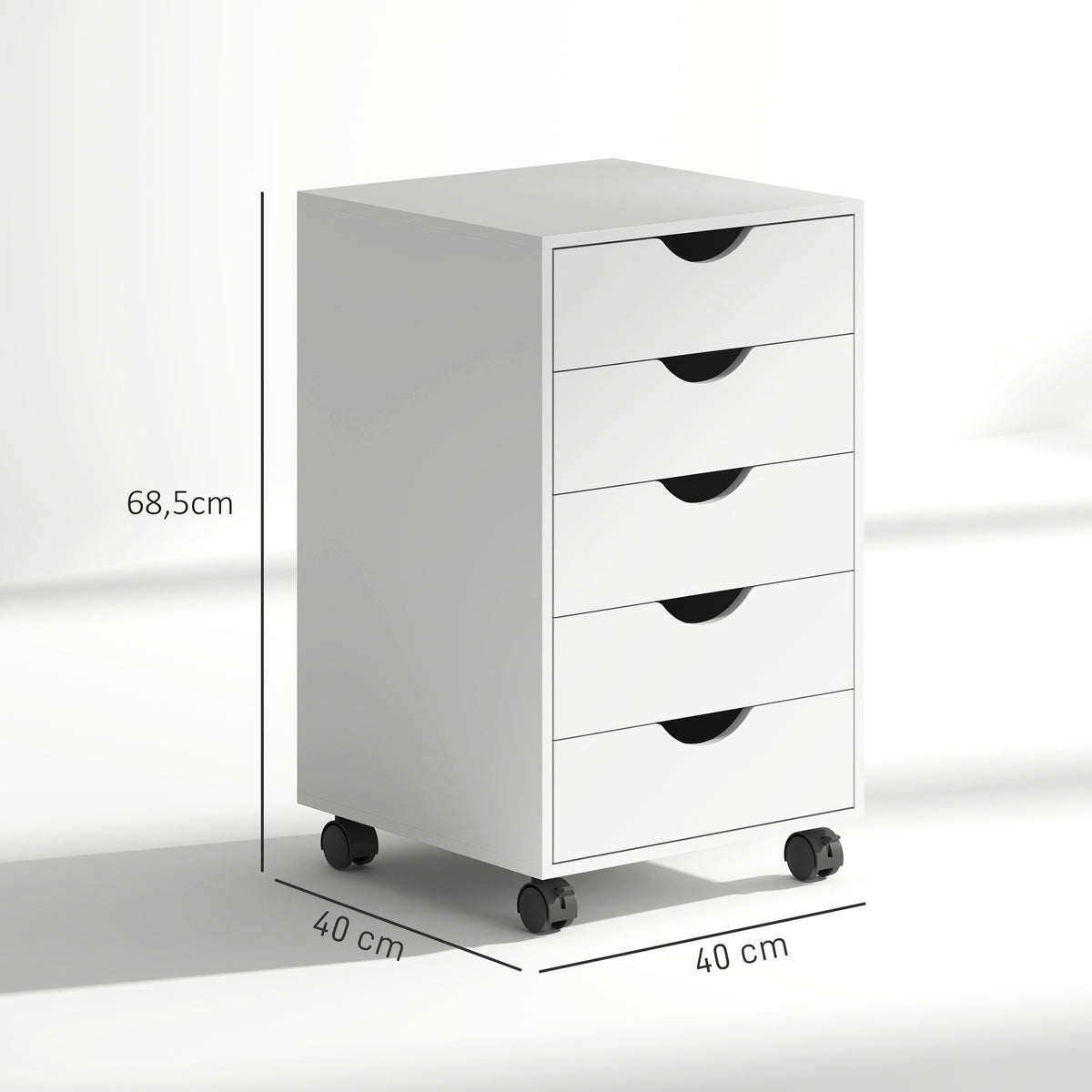 Caisson bureau mobile, meuble rangement sur roulettes avec 5 tiroirs, bois, 40 x 40 x 68,5 cm, blanc-2