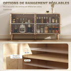 Buffet salon meuble de rangement placards à portes en cannage et étagère réglable 140 x 40 x 75 cm effet bois naturel-3