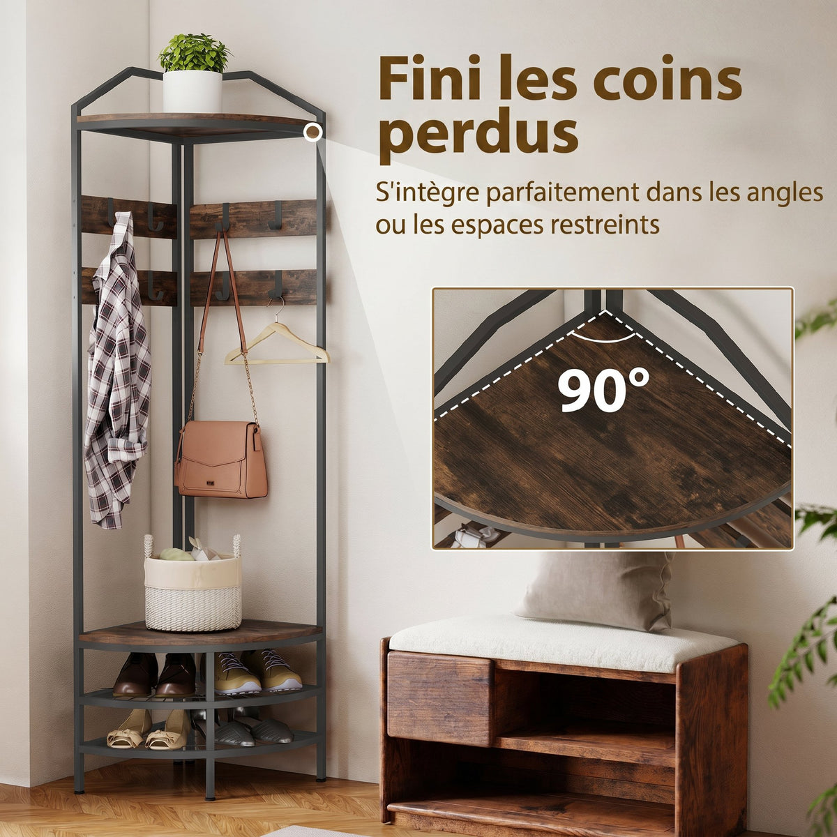 Meuble d'entrée d'angle, vestiaire à 4 niveaux, rangement pour chaussures, 8 patères mobiles, 2 étagères, brun rustique-4