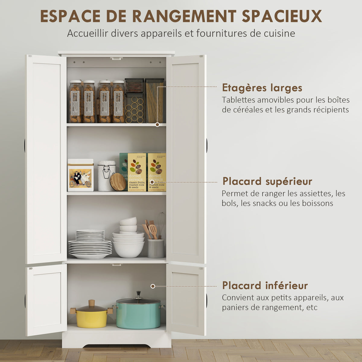 Buffet de cuisine armoire de cuisine contemporaine multi-rangements 2 placards 3 étagères MDF panneaux particules blanc-3