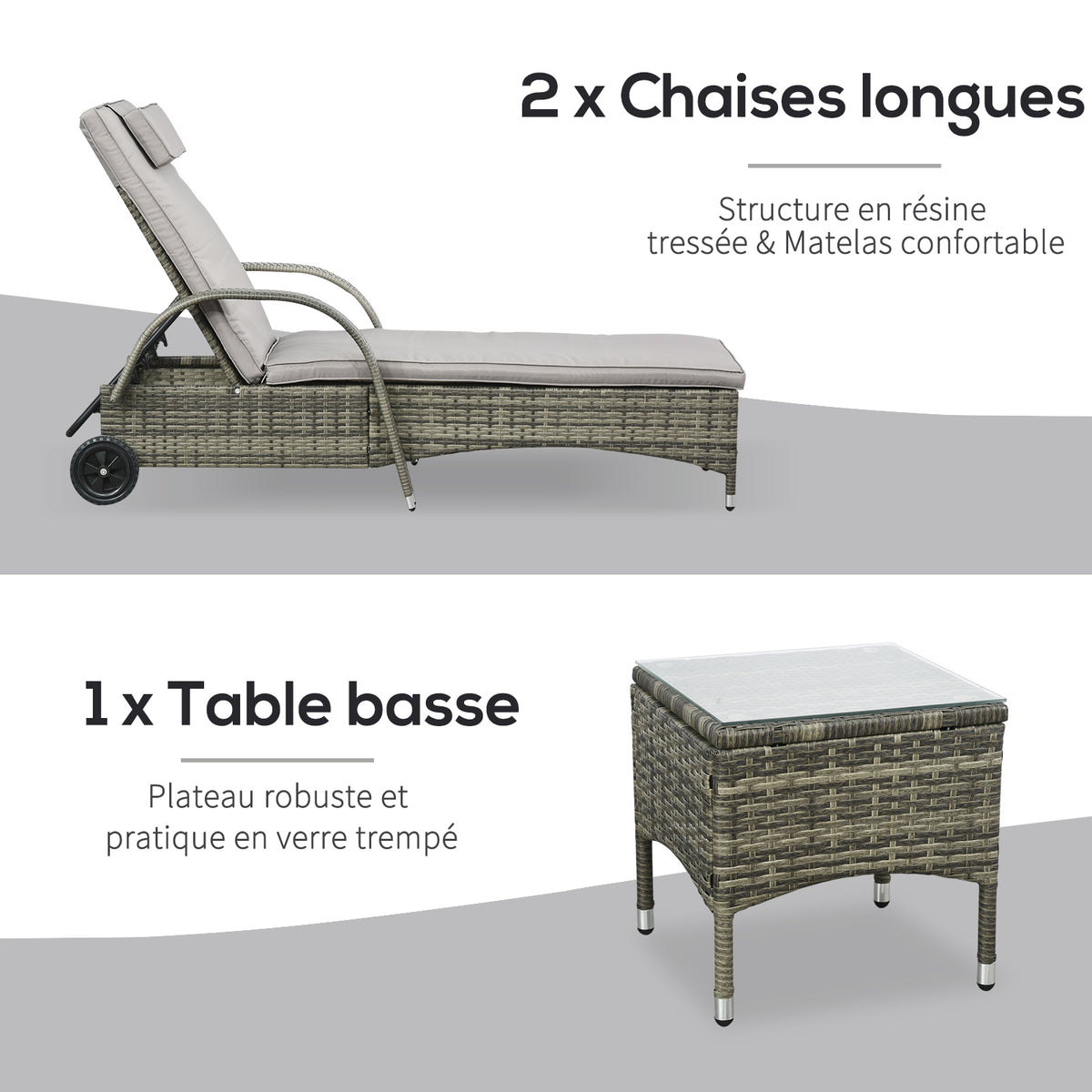 Lot de 2 transats bains de soleil : matelas, têtière, inclinaison réglable multipositions, accoudoirs-4