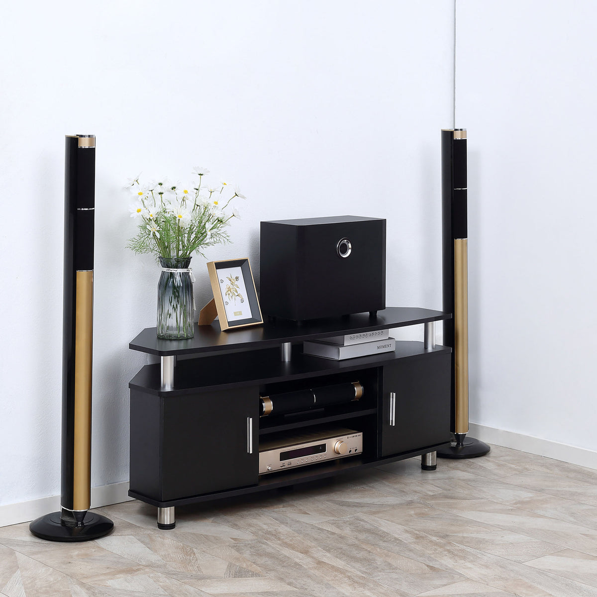 Meuble TV meuble télé bois banc TV pour téléviseur jusqu'à 55 pouces avec grand plateau, placards à portes et-1