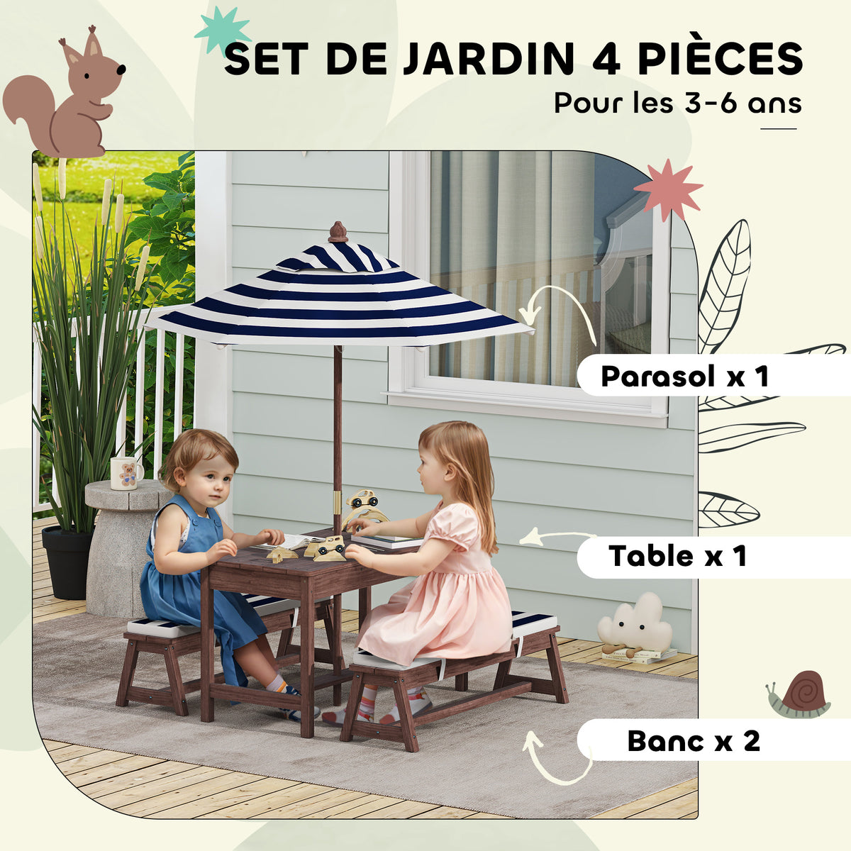 Ensemble salon de jardin extérieur enfant avec coussins et parasol amovible, rayé bleu marine et blanc-3