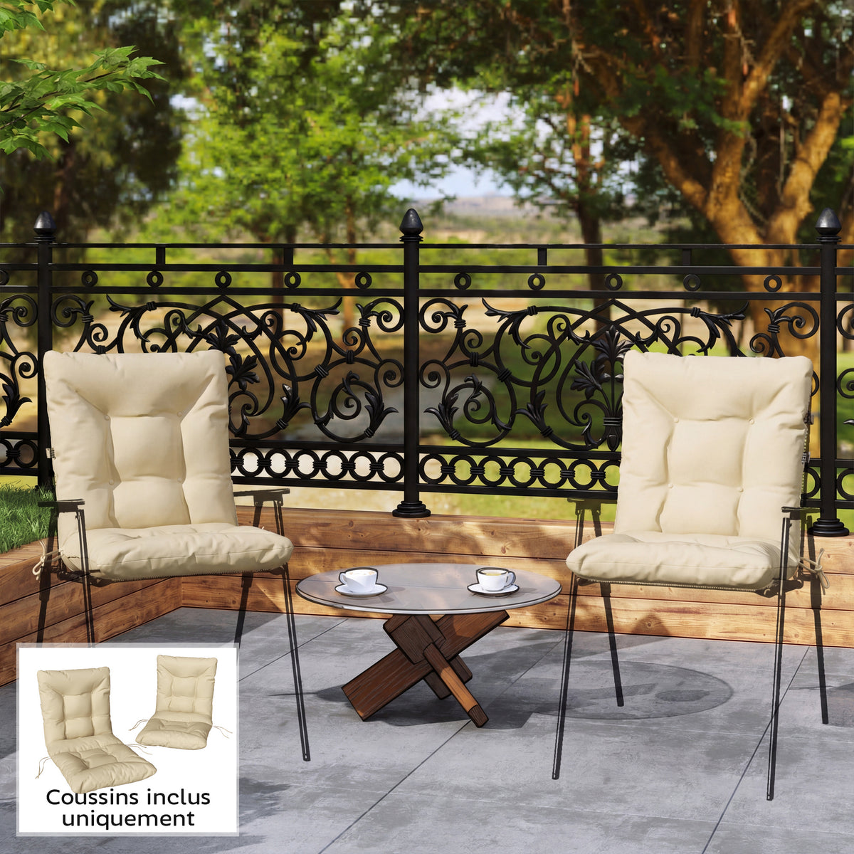 Lot de 2 coussins de chaise d'extérieur, coussins de jardin avec attaches, intérieur et extérieur, 120 x 50 x 8 cm, beige-1