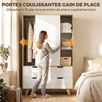 Armoire Chambre Penderie, 2 Portes Coulissantes, 4 Tiroirs, Barre de Suspension, Étagères Réglables, Chêne et Blanc-4