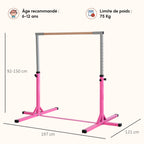 Barre Fixe de Gymnastique pour Enfant, Hauteur Réglable sur 13 Niveaux de 92-150 cm, en Acier et Bois de Hêtre, Barre de Gym d'Entraînement à Domicile, Antidérapant, Facile à Assembler, Rose-2
