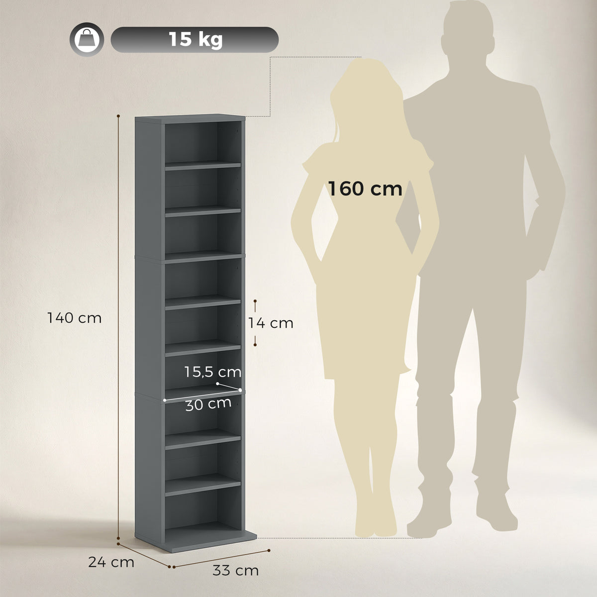 Rangements pour CD et DVD 9 compartiments et 6 étagères réglables capacité max. 260 CD/120 DVD 33 x 24 x 140 cm gris-2