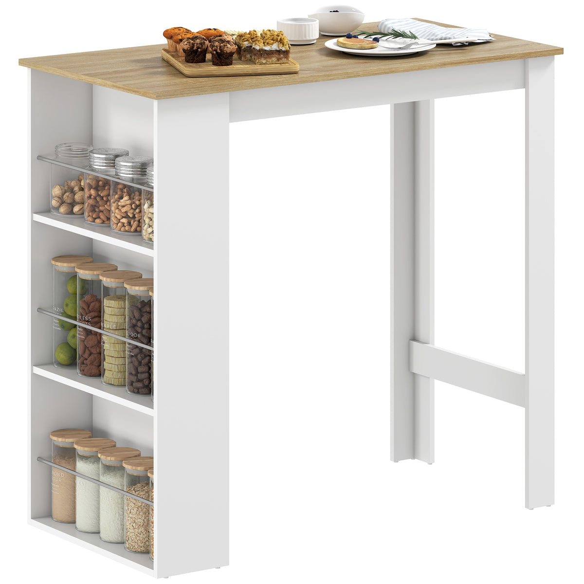 Table de bar table haute de cuisine mange-debout comptoir 112L x 57l x 106H cm - 3 étagères - aspect chêne clair blanc-0