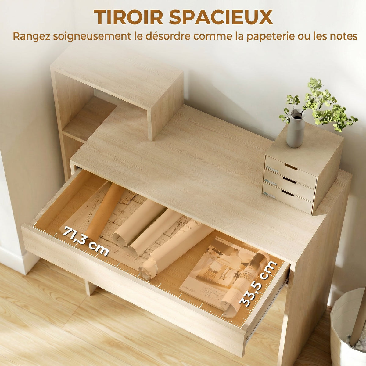 Bureau avec rangement, bureau d'ordinateur avec 3 étagères de rangement et tiroir, 100 x 40 x 90 cm, bois naturel-4
