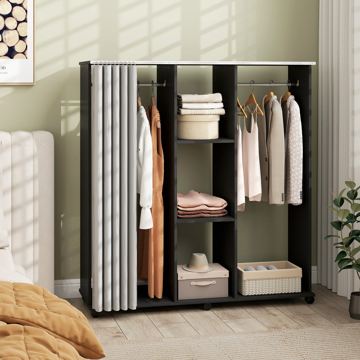 Armoire penderie Meuble de Rangement Mobile 6 roulettes 120L x 40l x 128H cm en bois Noir-9