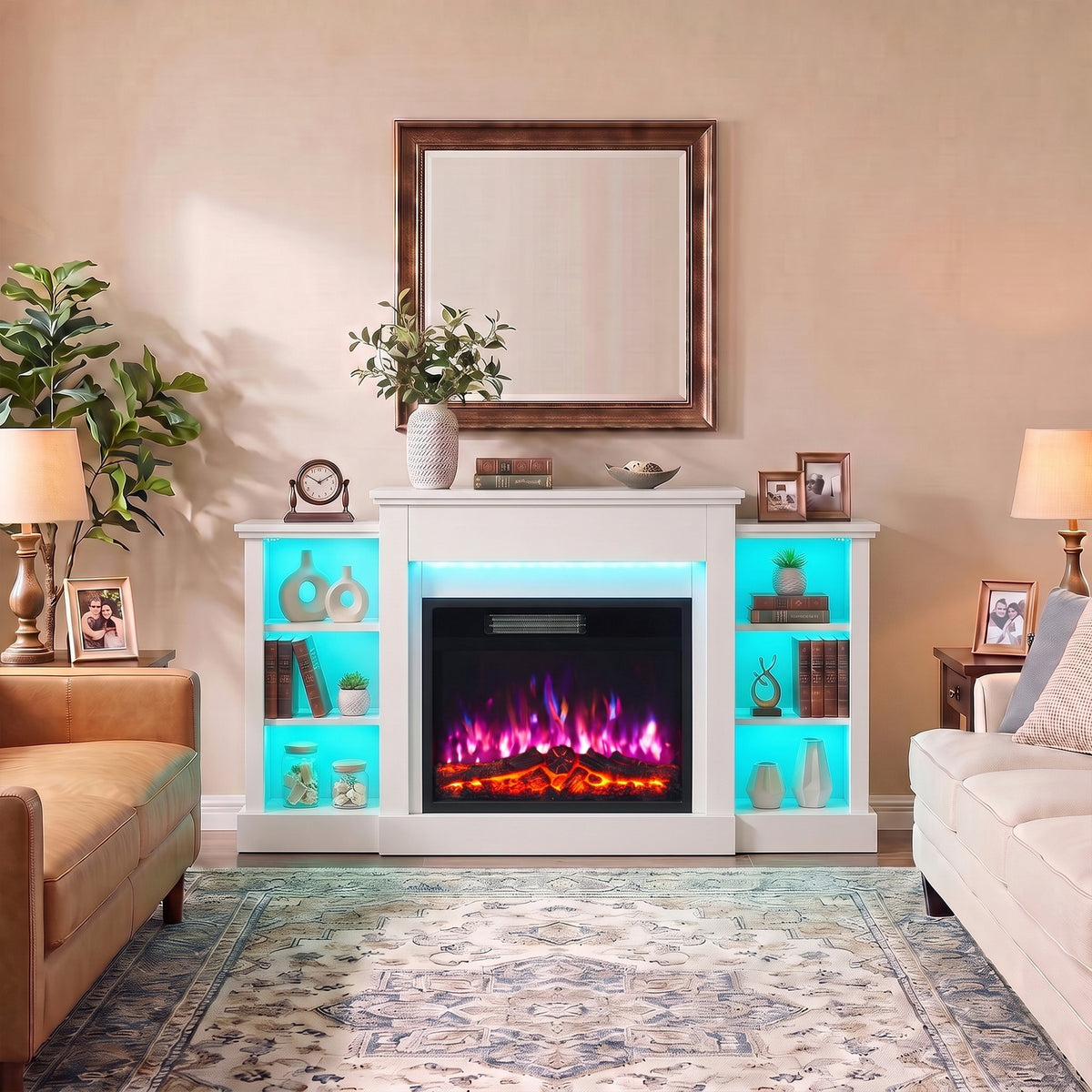 Cheminée Électrique Meuble TV Jusqu'à 65 Pouces avec 6 Étagères Effet Flamme 3D 12 Couleurs Ruban LED RGB Blanc-5