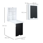 Bureau Mural Pliable Table Murale Rabattable Suspendue sur Pied étagère + Tableau à Craie intégré MDF Blanc-2