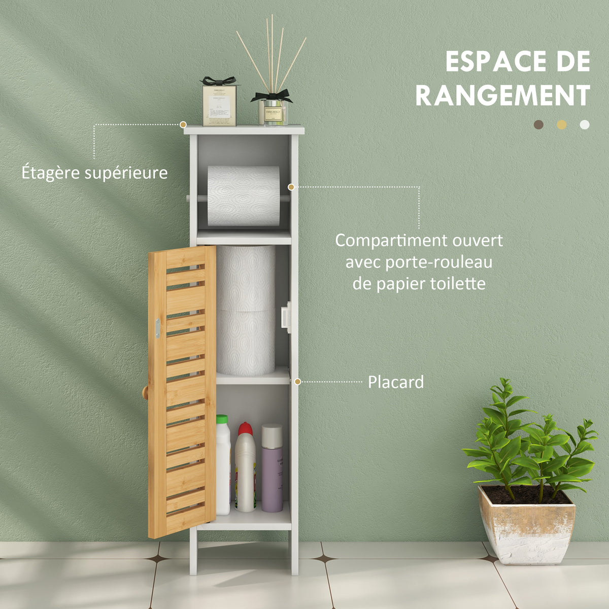 Meuble de salle de bain avec support papier toilette barre amovible 3 Niveaux + Sortie Papier, 78H cm, Bambou blanc-3