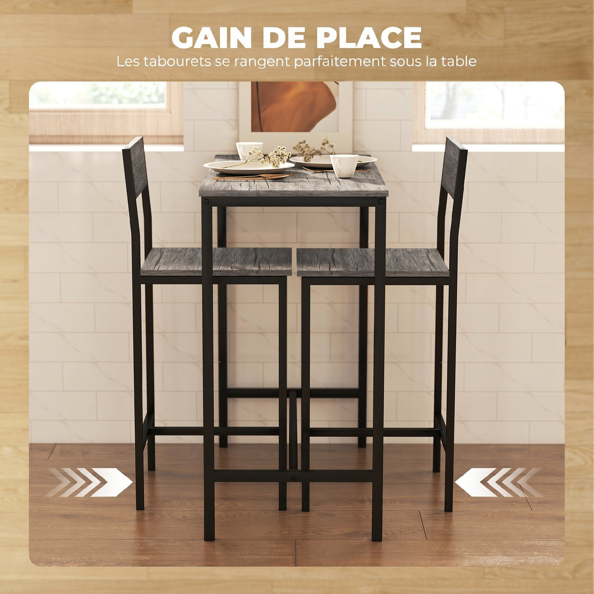 Ensemble table de bar avec tabourets, table à manger debout avec 2 chaises de bar, repose-pieds et dossiers, gris-4