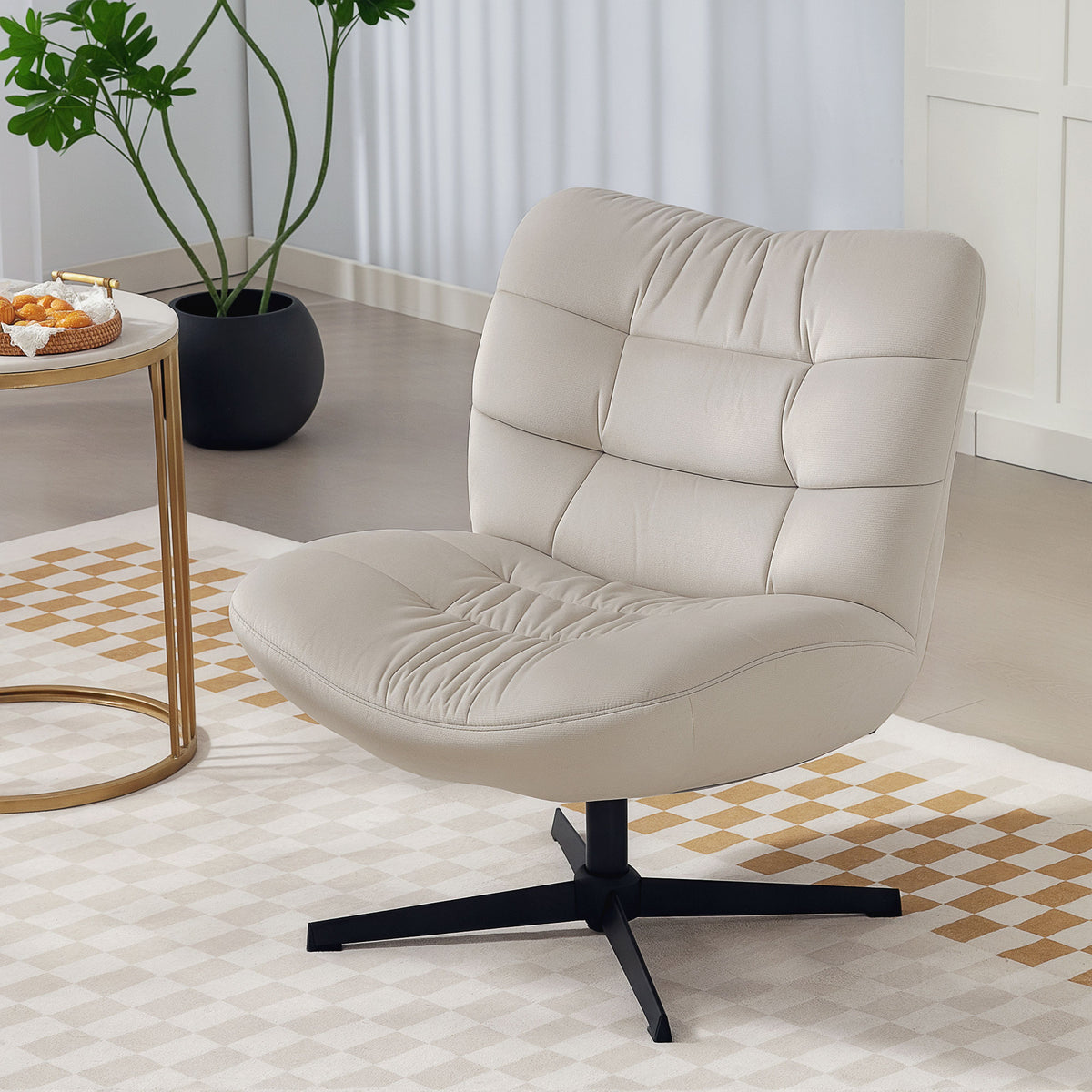 Fauteuil de salon pivotant, chaise rembourrée en chenille sans accoudoirs, assise et dossier larges, 70x80x82cm, crème-9