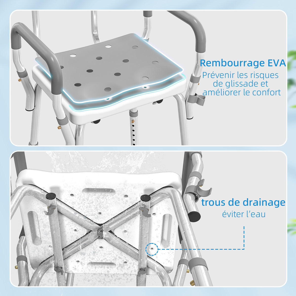 Tabouret de douche chaise de douche ergonomique hauteur réglable pieds antidérapants 56,5 x 53,5 x 87 cm blanc et gris-3