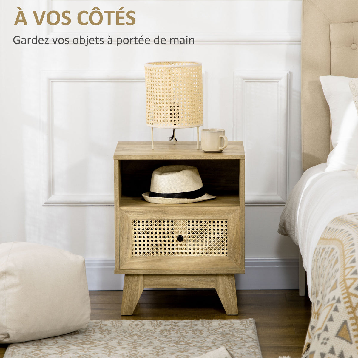 Lot de 2 tables de chevet table de nuit avec tiroir porte cannage et niche vintage 45 x 39 x 56,5 cm-3