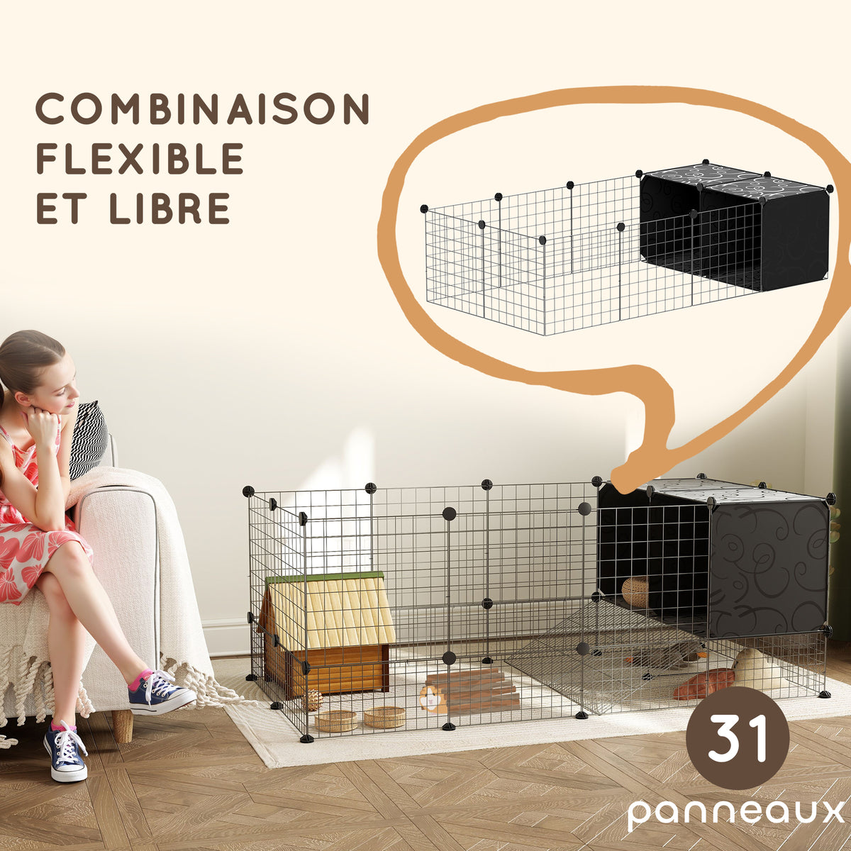 Enclos pour petits animaux, cage à lapin modulable 31 panneaux avec niches surélevées, en acier, 140x70x52cm, noir-3