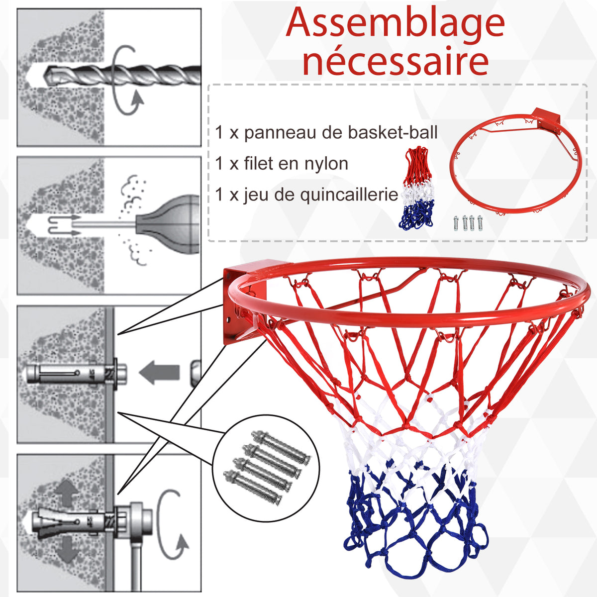Panier de basket, anneau de basketball avec filet, suspendu mural intérieur et extérieur, Ø 46 x 46 cm, rouge-3