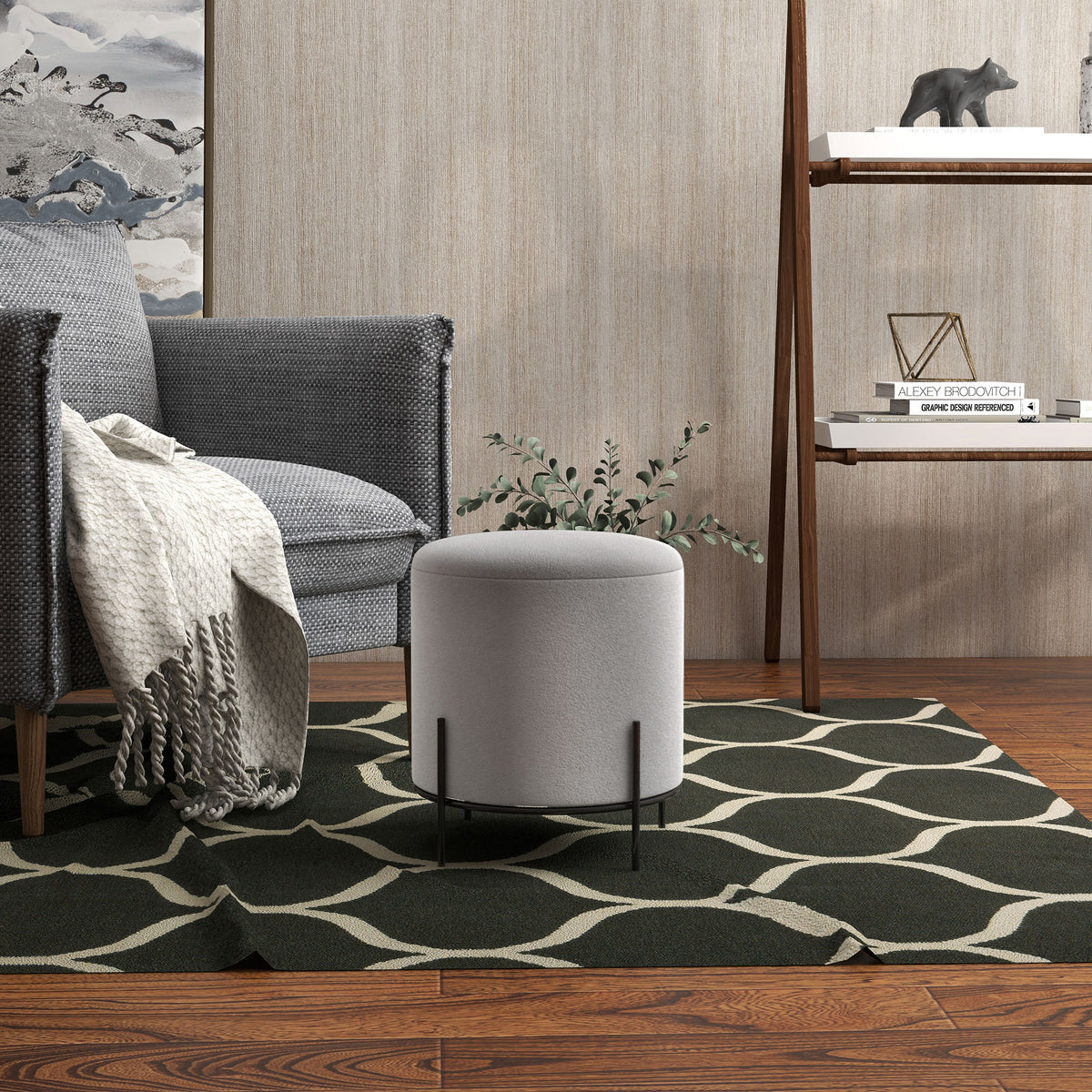 Pouf ottoman tabouret pouf repose-pied en velours pieds en acier pour salon chambre Ø 35 x 38 cm gris clair-1
