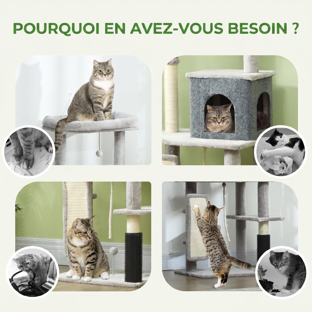 Arbre à Chat Tour de Jeux pour Chats Centre d'Activités avec Poteaux à Griffer en Sisal Niche Hauteur 132 cm Gris-6