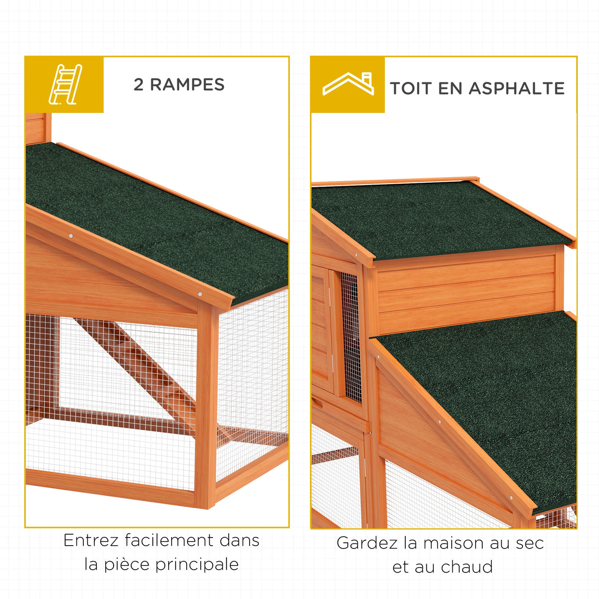 Clapier cage à lapins rongeurs poulailler XXL 2 étages 2 enclos tiroir déjection 2,25L x 0,70l x 1H m bois massif pin-6