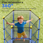Trampoline Enfant Ø 1,40 × 1,90H m Filet de sécurité Porte zipée Couvre-Ressorts 6 poteaux rembourrés Inclus Bleu-6