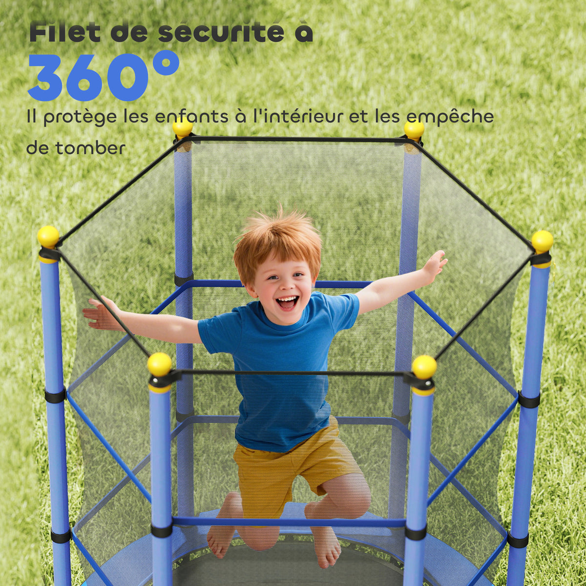 Trampoline Enfant Ø 1,40 × 1,90H m Filet de sécurité Porte zipée Couvre-Ressorts 6 poteaux rembourrés Inclus Bleu-6