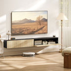 Meuble TV suspendu 140cm, meuble télé pour téléviseur 72 pouces, 2 portes rabattables, 140x25x22cm, bois naturel et noir-1