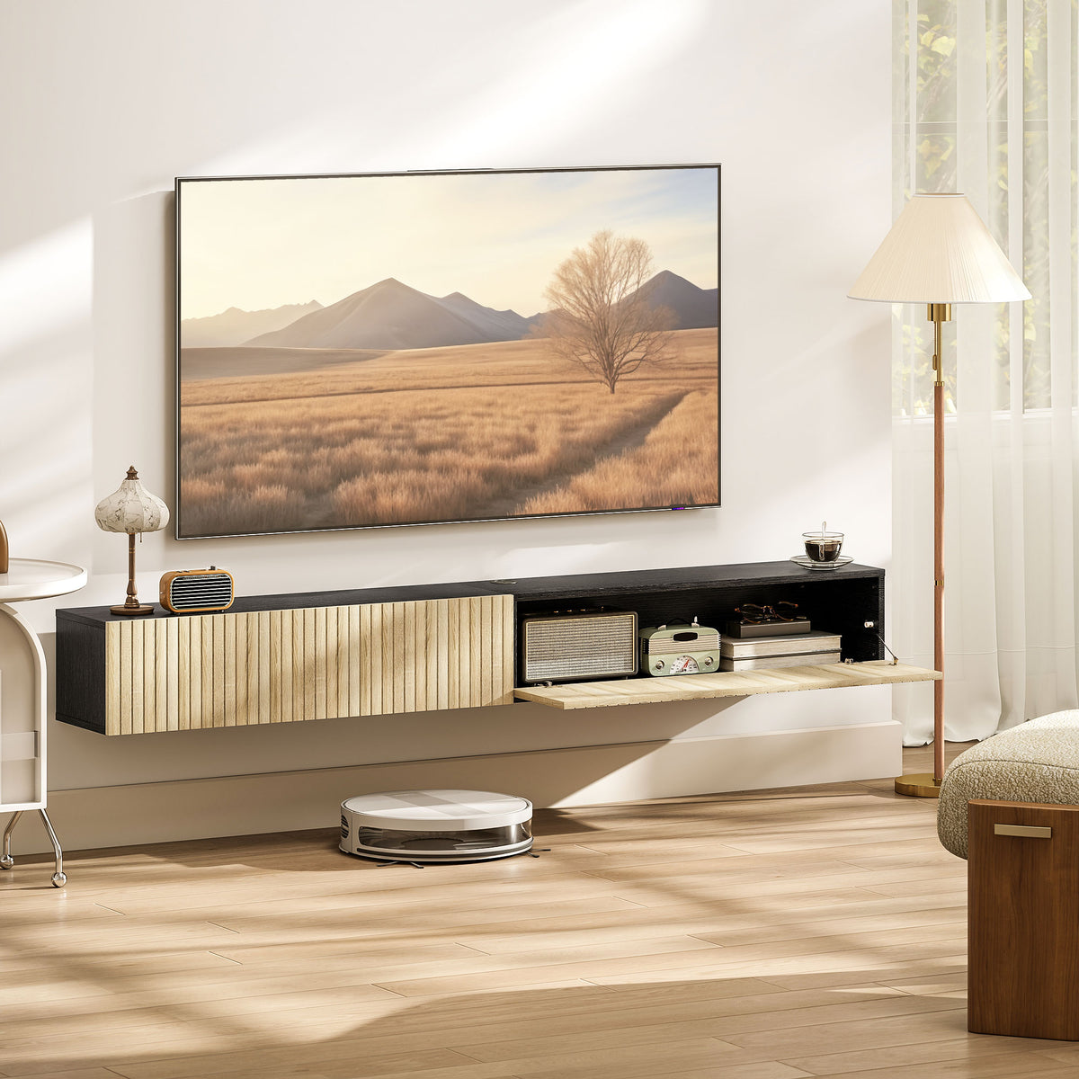 Meuble TV suspendu 140cm, meuble télé pour téléviseur 72 pouces, 2 portes rabattables, 140x25x22cm, bois naturel et noir-1