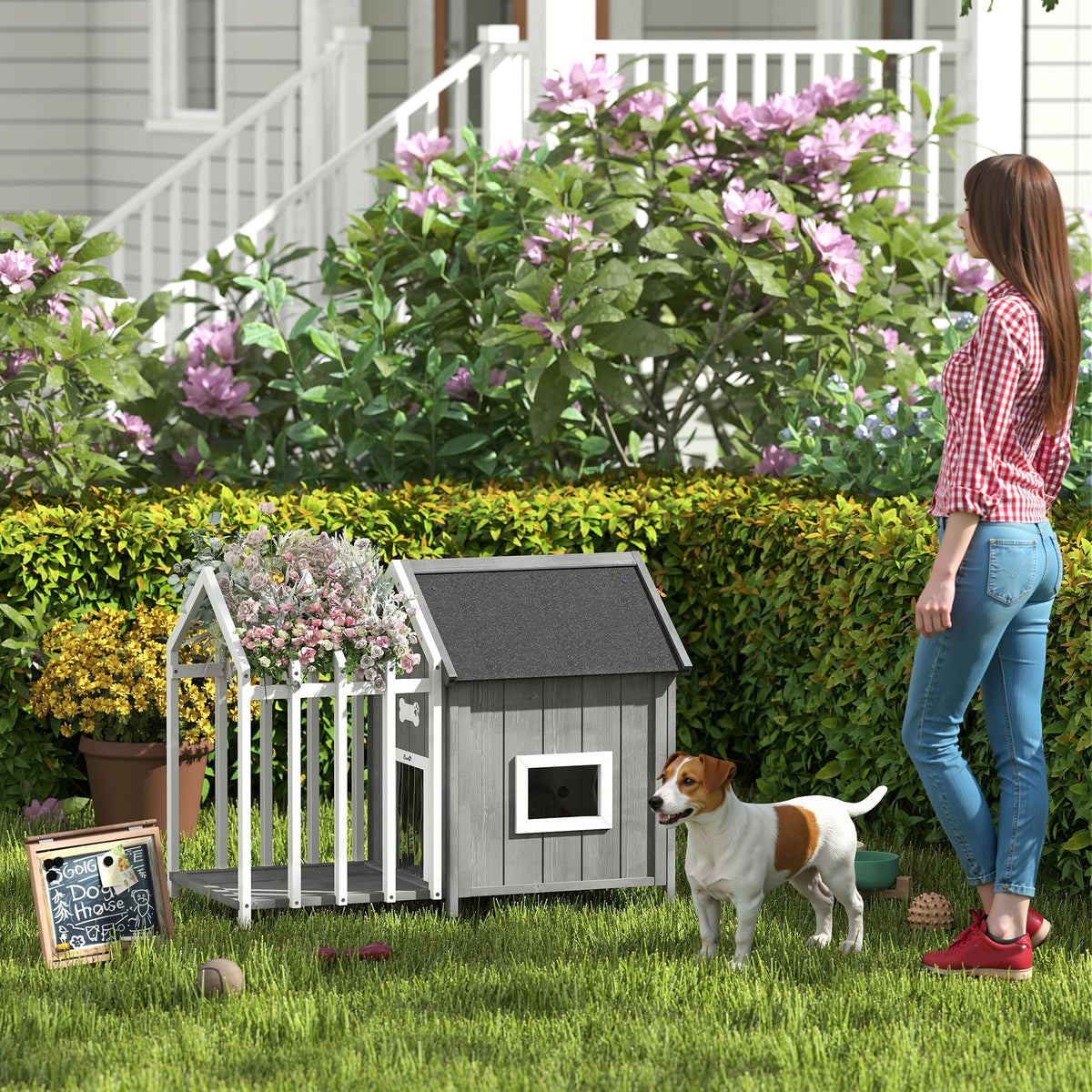 Niche pour chien extérieur en bois maison chien extérieur avec terrasse, porte à lamelles, 106 x 62,5 x 80,5 cm, gris-9