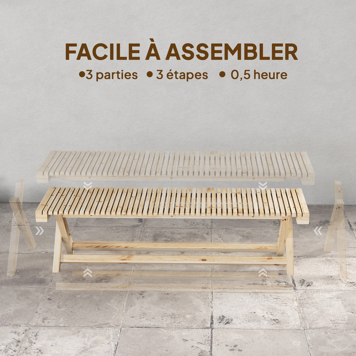 Banc de Jardin en Bois massif, Banquette de Jardin avec Assise à Lattes Effet Bois, 140 x 40 x 43 cm, Bois Naturel-6