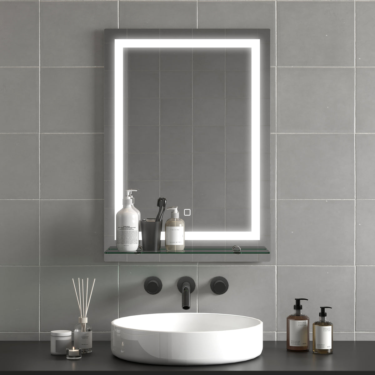Miroir lumineux LED mural de salle de bain avec étagère intégrée 3 couleurs luminosité réglable interrupteur tactile-5