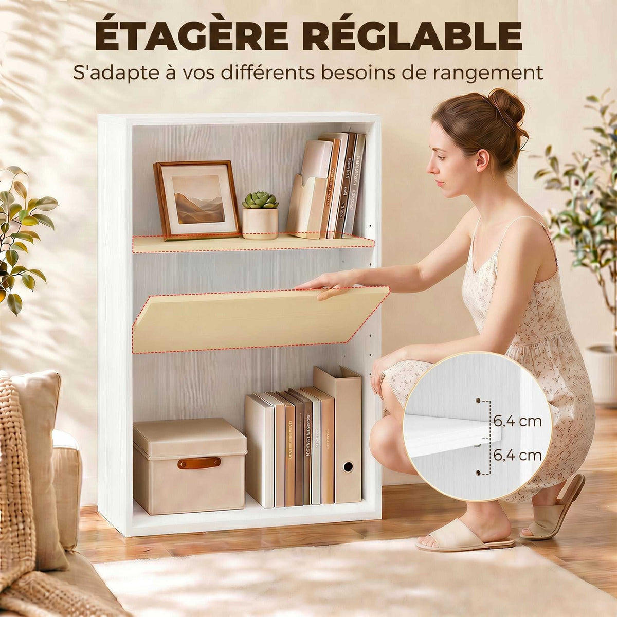 Bibliothèque étagère de rangement avec 3 compartiments et étagère réglable, 60 x 24 x 93 cm, blanc-3