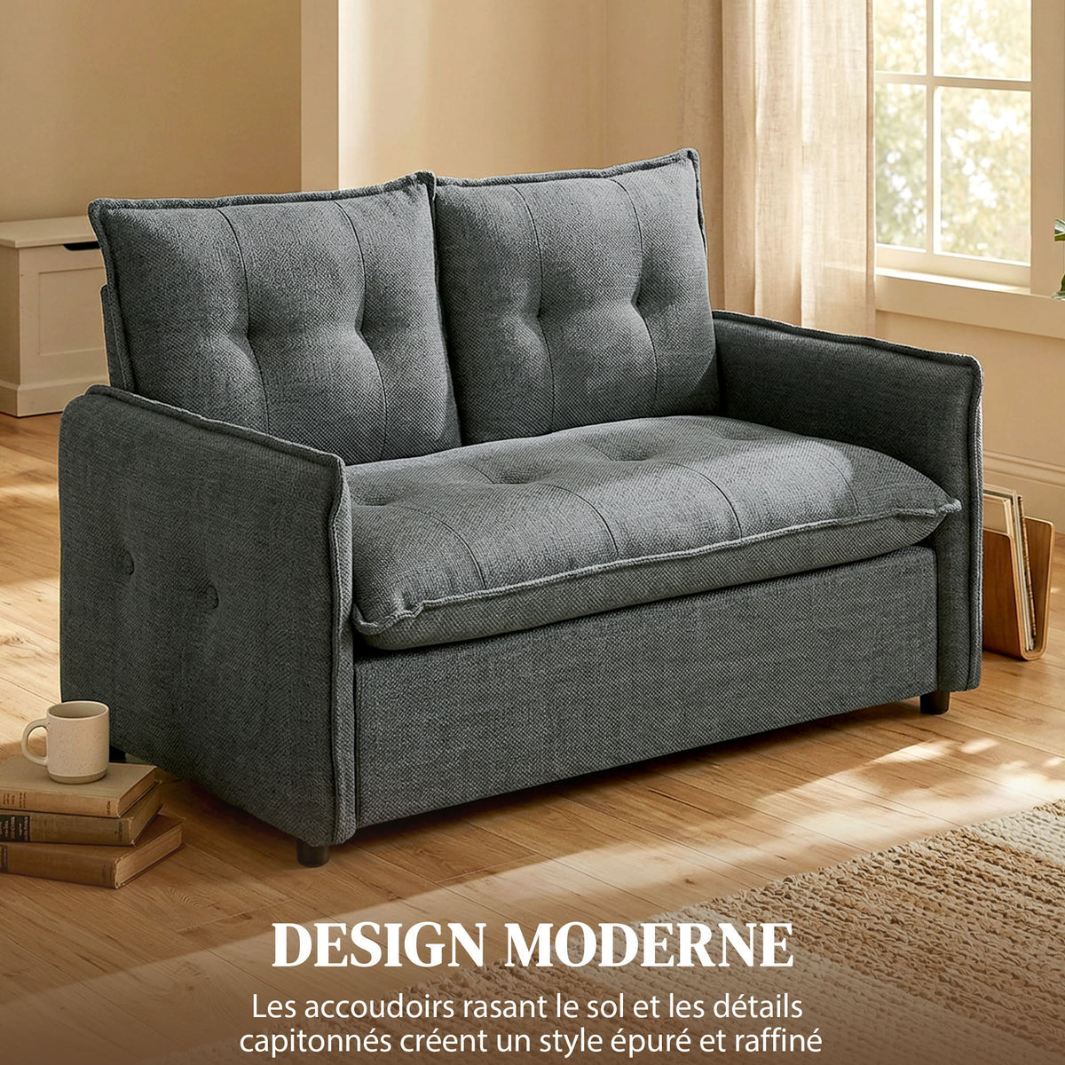 Canapé 2 places, canapé de salon moderne 131 cm avec assise rembourrée, coussins à ressorts, tissu en lin, gris foncé-4