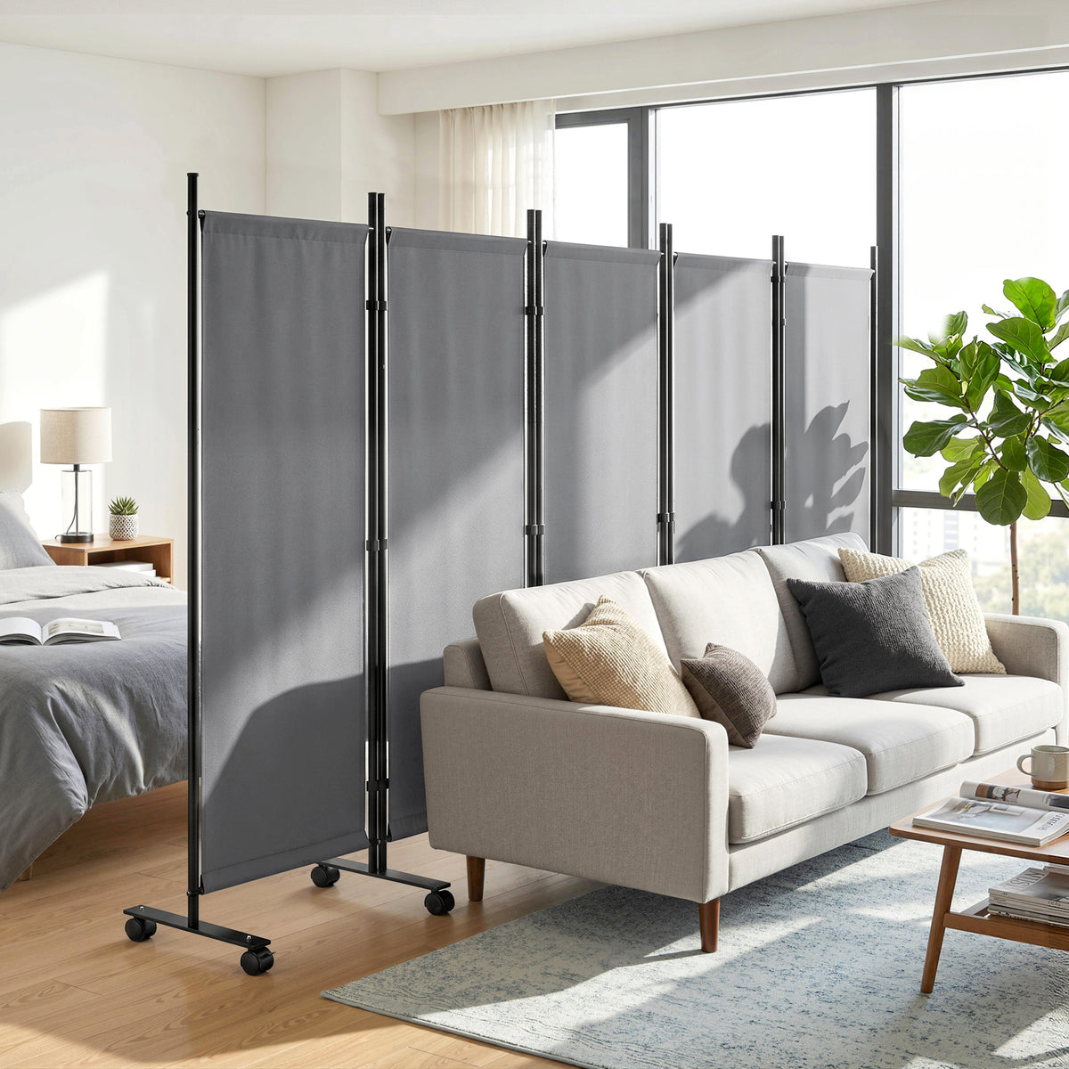 Paravent 5 Panneaux 252x170cm, Paravent Pliant avec 12 Roulettes et Clips de Connexion, Acier et Polyester, Gris Foncé-1
