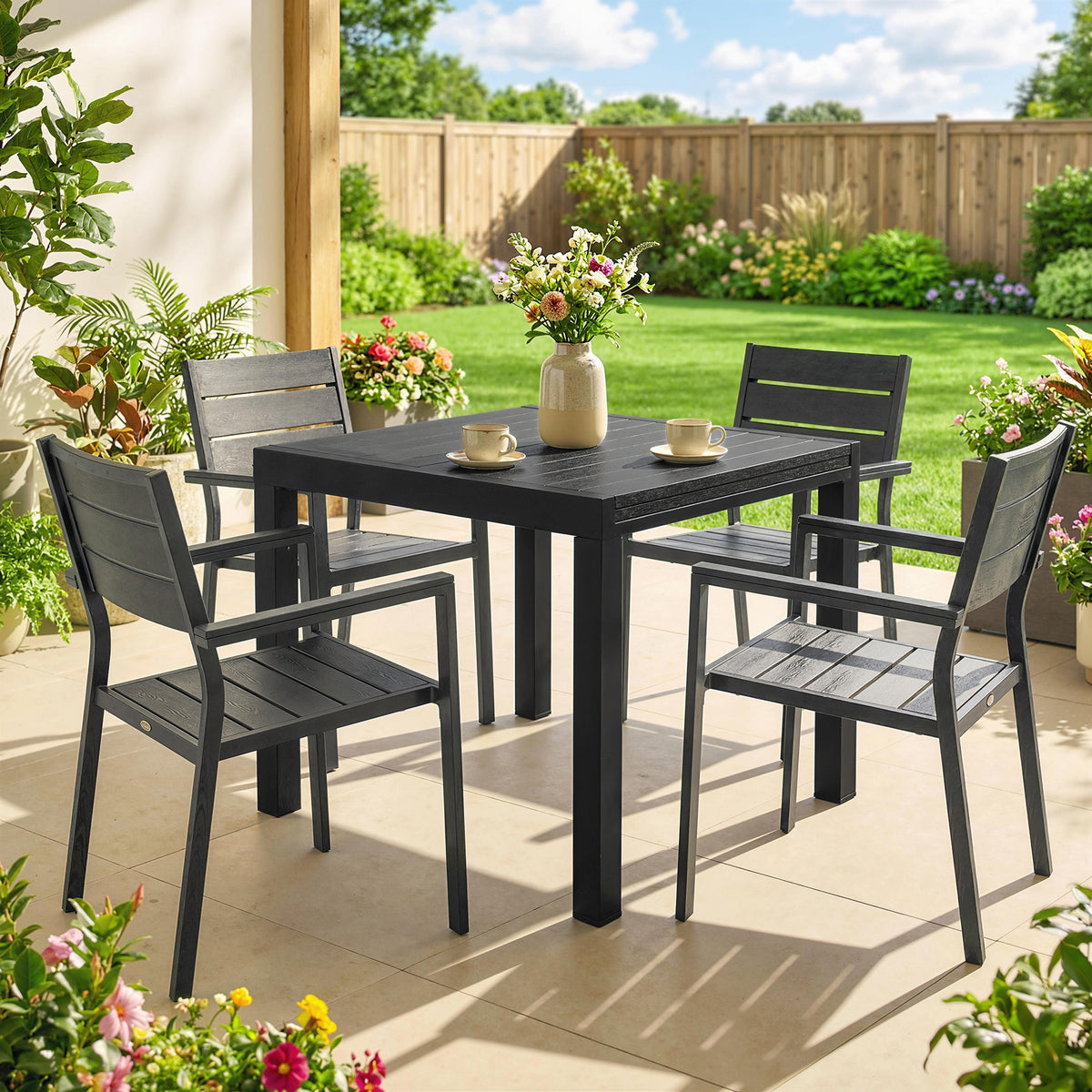 Table de jardin extensible pour 4-6 personnes avec rallonge auto-stockée aluminium avec effet bois 80-160 x 80 cm noir-7