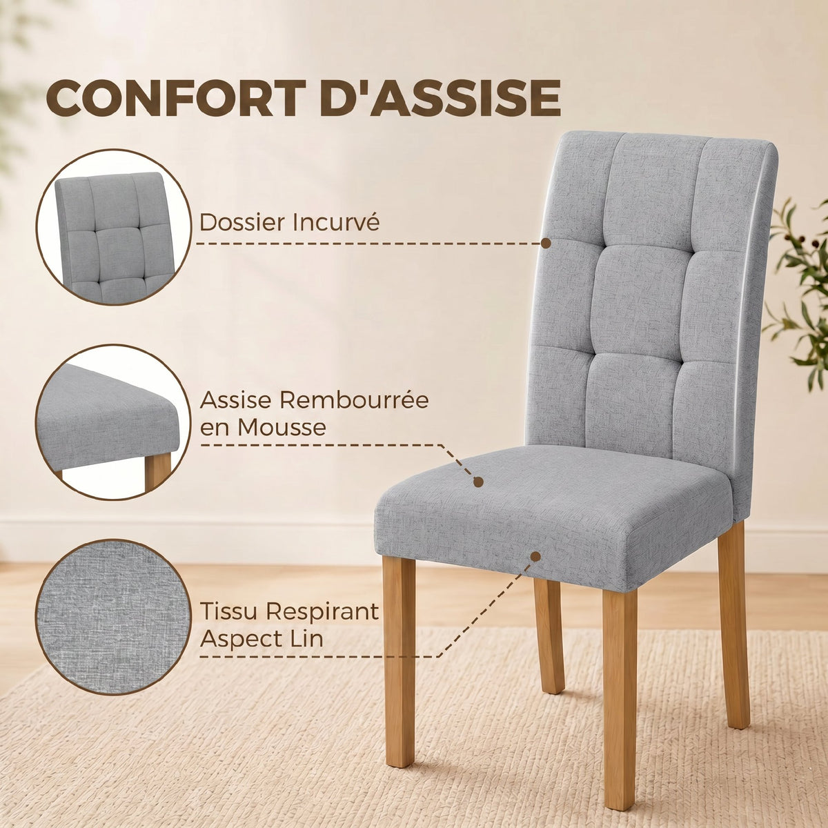Lot de 2 chaises de salle à manger, chaise de cuisine moderne avec siège rembourré en tissu effet lin, gris clair-5